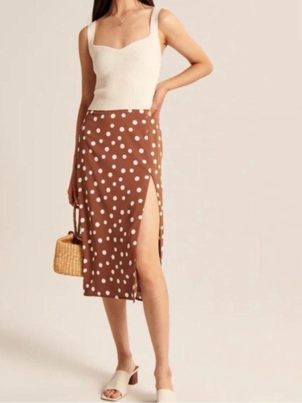 Abercrombie & Fitch Brown Polka Dot Side-Slit Midi Skirt